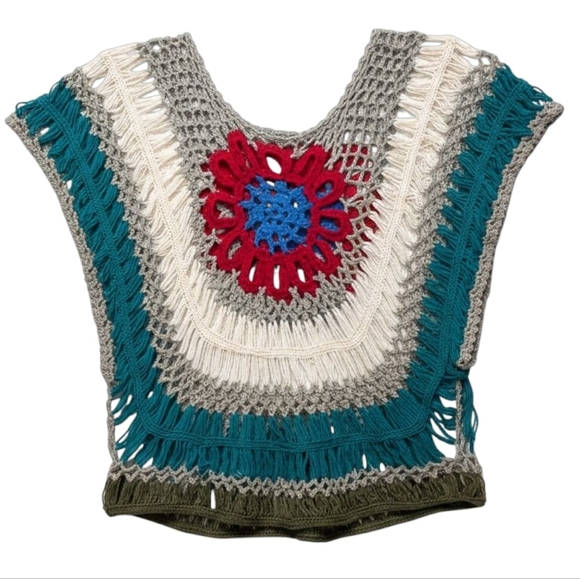 Boho Crochet Knit Top Multicolor Flower Design Festival Hippie Style Batwing - Picture 2 of 14
